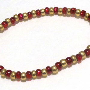 Red and Gold bracelet made from Seed Beads and stretch cord. Red seed bead bracelet, stretchy bracelet. Golden bracelet, Gold seed bead image 1