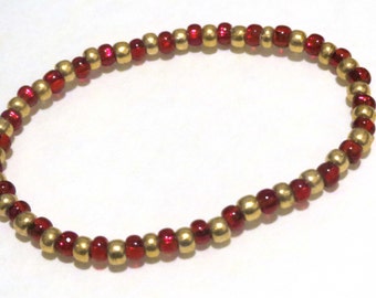Red and Gold bracelet made from Seed Beads and stretch cord. Red seed bead bracelet, stretchy bracelet. Golden bracelet, Gold seed bead