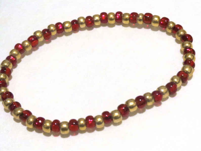 Red and Gold bracelet made from Seed Beads and stretch cord. Red seed bead bracelet, stretchy bracelet. Golden bracelet, Gold seed bead image 1