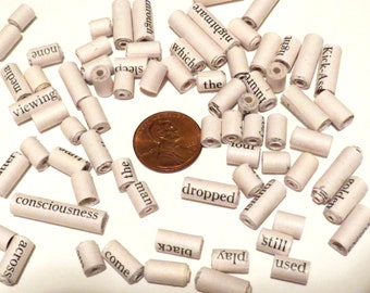 20 Count Word Beads. Paper words, beads with words. Random word tube beads from books. Text beads Black and white print beads Cylinder beads