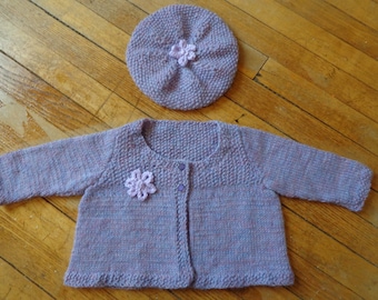 Hand Knit Baby Cardigan and Tam- size 12 months