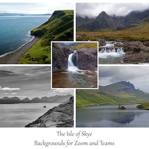 May include: A collage of five images showcasing the scenic beauty of the Isle of Skye in Scotland. The images feature a rocky coastline, a waterfall cascading over rocks, a mountain range with a cloudy sky, a lake with a small island, and a black and white image of a mountain range and a body of water.