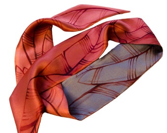 Skinny neck scarf Hand painted Silk scarf women with leaves