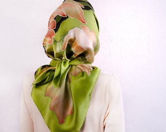 Olive green silk head scarf hand painted Satin silk scarf square Wearable art