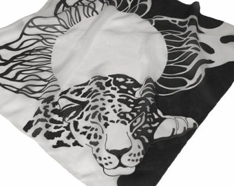 Cat scarf  Black white silk scarf Hand painted