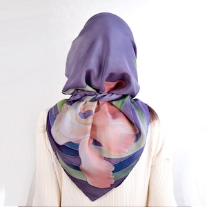 Silk head scarf with peach irises hand painted Gift for stylish woman