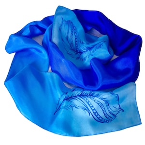 Minimalist blue silk scarf with hand painted feather  Skinny royal blue neck scarf Gift for sister