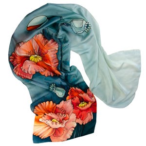 Hand painted silk scarf with red poppy on emerald green Long scarf with flowers Gift for mother