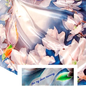 Hand painted square scarf with magnolia Personalized silk scarf Gift for mother