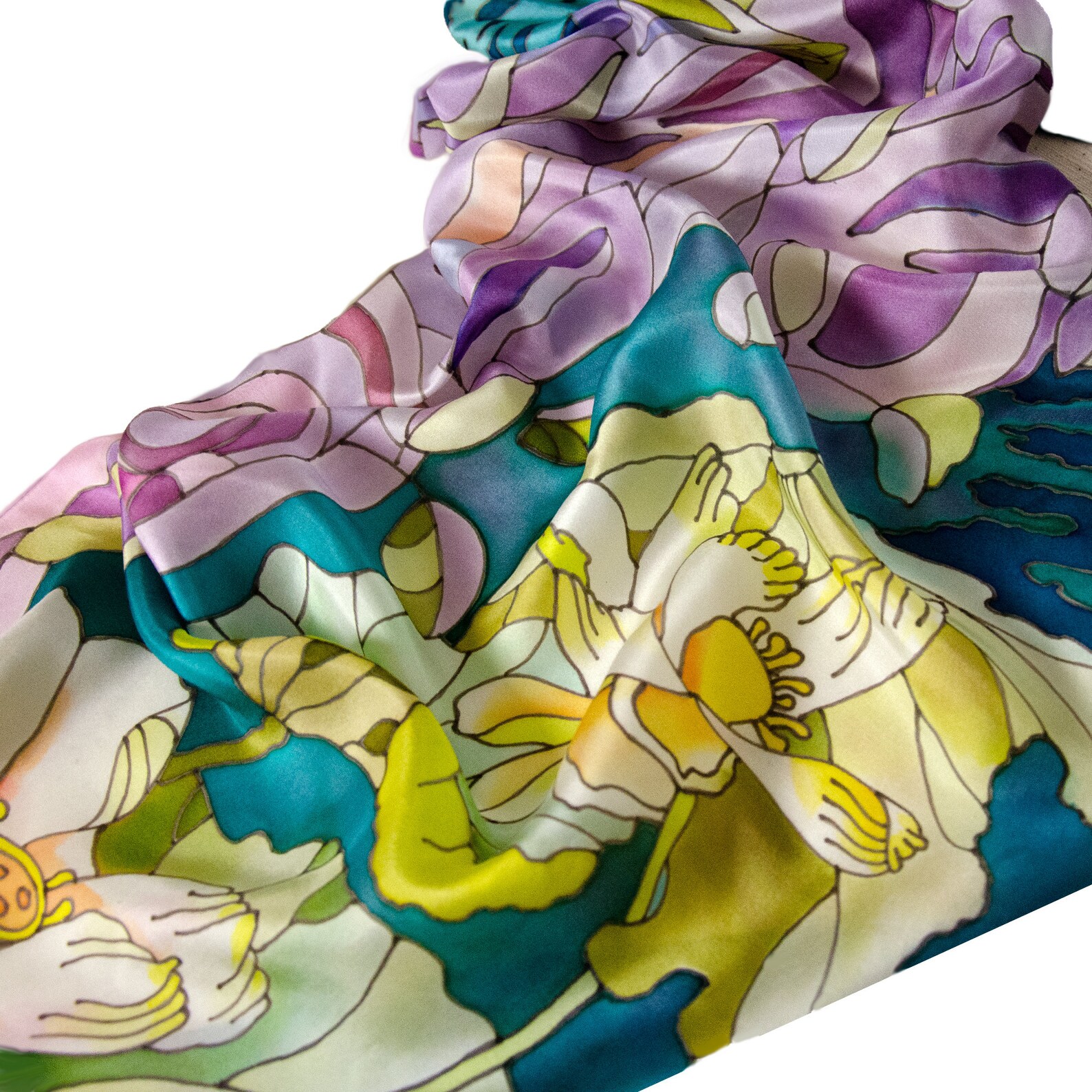 Long Hand Painted Silk Scarf Emerald Scarf With White Lotuses Etsy Canada