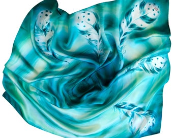 Satin scarf with feathers Hand painted scarf  Silk emerald neckerchief Gift for sister