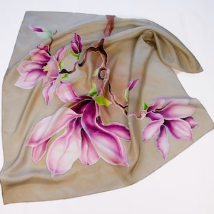 Hand painted silk scarf earth tones Magnolia square scarf  5th anniversary gift
