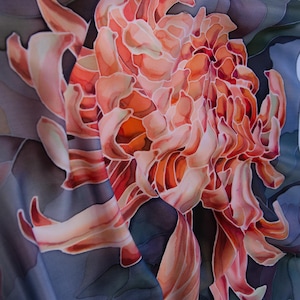 Hand painted silk scarf with red chrysanthemum and gray background Elegant gift for her