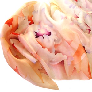 Hand painted scarf Lightweight scarf White Peach Shawl to the bride Wedding Shawl  Floral coral silk scarf Peonies silk scarf