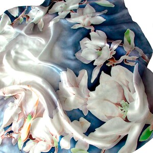 Hand painted silk scarf women with magnolia and birds Aunt gift