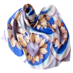 Hand painted silk sunflower scarf in blue and gray tones Gift for mother