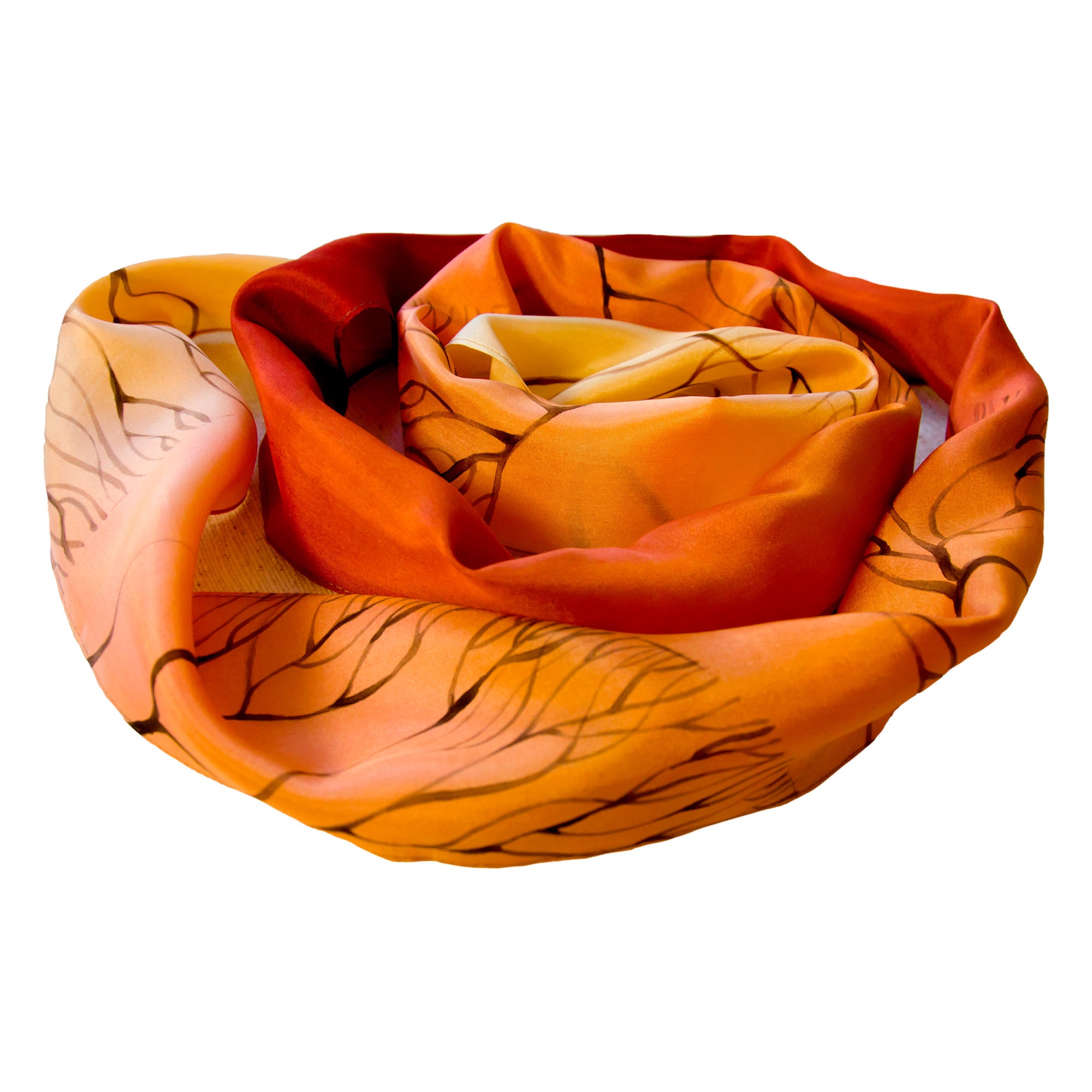 Skinny neck scarf burnt orange Hand painted silk scarf  2nd anniversary gift