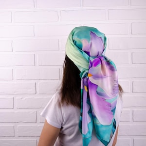 Hand painted silk head scarf with purple irises on mint Gift for sister