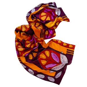 Hand painted satin scarf in burnt orange and purple, Silk long wrap Anniversary gift for wife