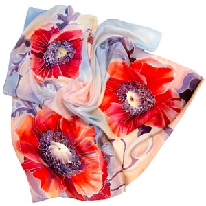 Red poppy scarf hand painted Large square silk scarf Wife gift
