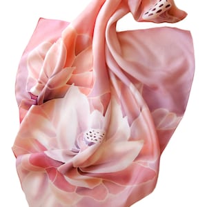 Hand painted square scarf Pink silk scarf with white lotus Gift for sister