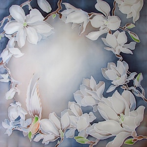 Pañuelo de seda Pañuelo de seda pintado a mano con magnolia Regalo de primer aniversario