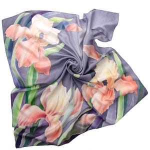 Hand painted silk scarf with irises Grey-purple peach square scarf Elegant gift for Mother&#39;s Day