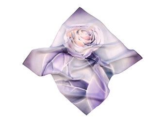 White grey silk pocket square with flower Hand painted men's handkerchief Pastel color hanky