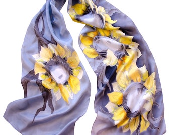 Hand painted silk scarf with sunflowers Grey and yellow long scarf Mother day gift