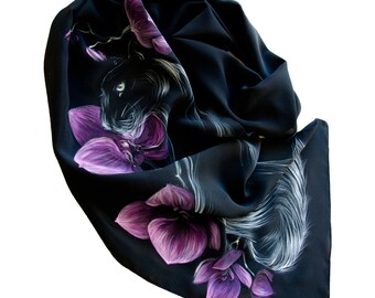 Black cat scarf Hand painted silk scarf with orchid Wife gift Ready to ship