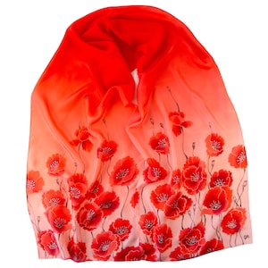 Roter Seidenschal mit Mohnblumen Langer handbemalter Schal Geschenk für Schwester