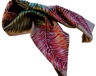 Satin scarf with fern Skinny scarf hand painted Mindfulness gift
