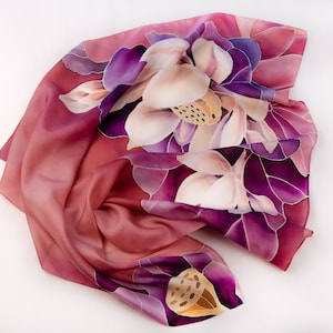 Square silk scarf women Hand painted scarf with lotus Gift for wife