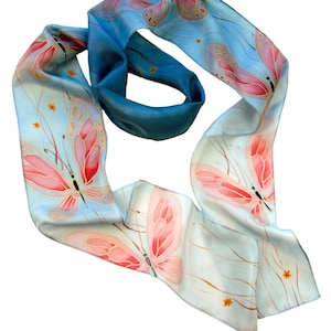 Blue skinny silk scarf with hand painted red butterflies Gift for sister