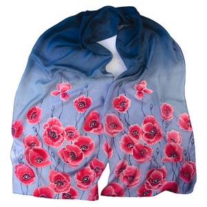 Grauer Seidenschal mit roter Mohnblume Handbemalter langer Schal Geschenk für Tante