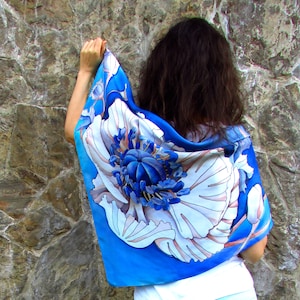Blue square silk scarf hand-painted with white flower Poppy silk scarf
