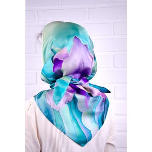 Hand painted silk head scarf with purple irises on mint Gift for sister