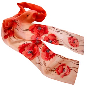 Red silk scarf with poppy Hand painted skinny silk scarf