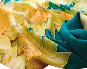 Yellow green silk scarf Hand painted sunflower on silk  Mindfulness gift