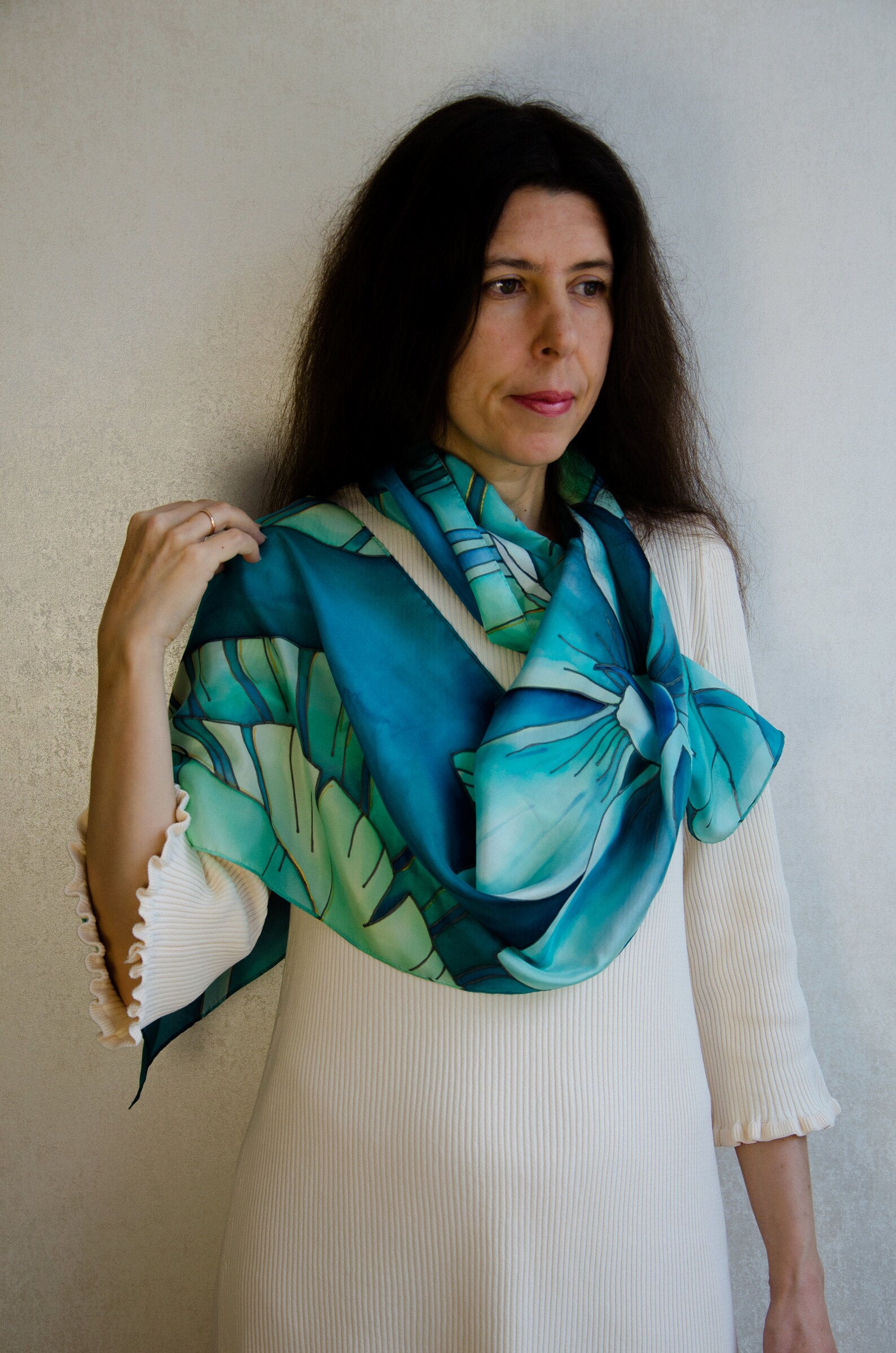 Floral scarf silk Hand painted Emerald green womens scarves Etsy