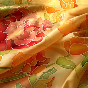 Square silk scarf with red peonies Hand painted scarf Gift for wife