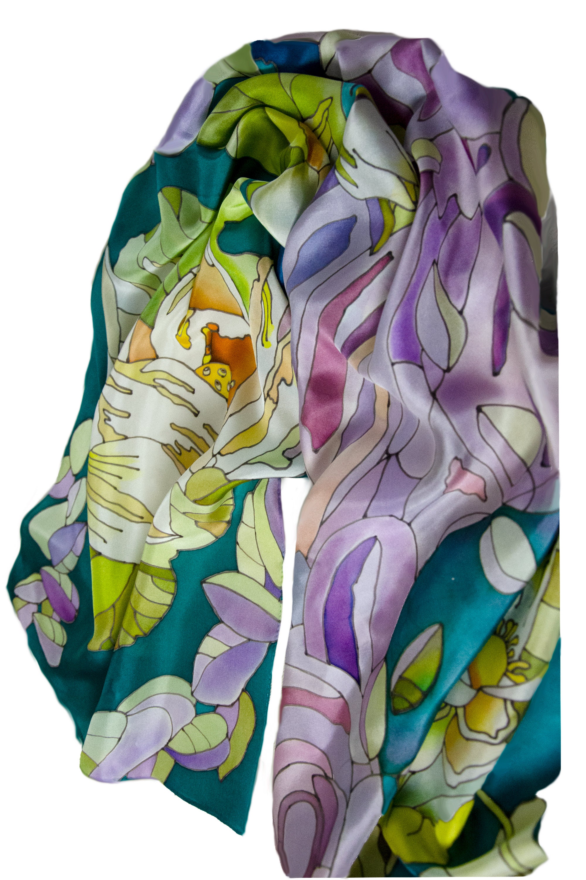 Long Hand Painted Silk Scarf Emerald Scarf With White Lotuses - Etsy Canada