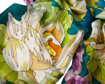 Long hand painted silk scarf Emerald scarf with white lotuses  5th anniversary gift