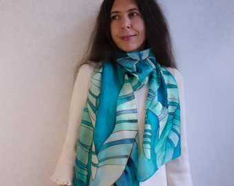 Emerald long  silk scarf hand  painted Tropical leaves and flowers  Stunning artisanal gift for her