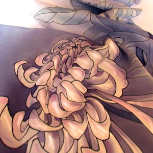 Gray silk scarf with hand painted white chrysanthemum flowers Gift for mother