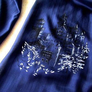 Blue scarf men Hand painted silk scarf with castle Gift for him