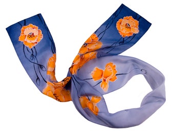 California poppies scarf hand painted Orange poppy Silk skinny scarf with flower