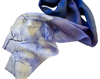 Indigo scarf Hand painted silk skinny scarf Gift for wife