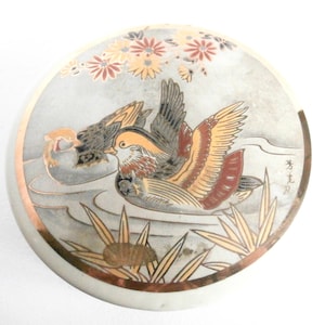 Gilded, Illustrated, Ceramic Box - Vintage Japanese Cream Porcelain