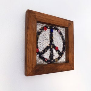 Framed Mosaic Peace Sign Wall Art - Repurposed Beads Wall Hanging